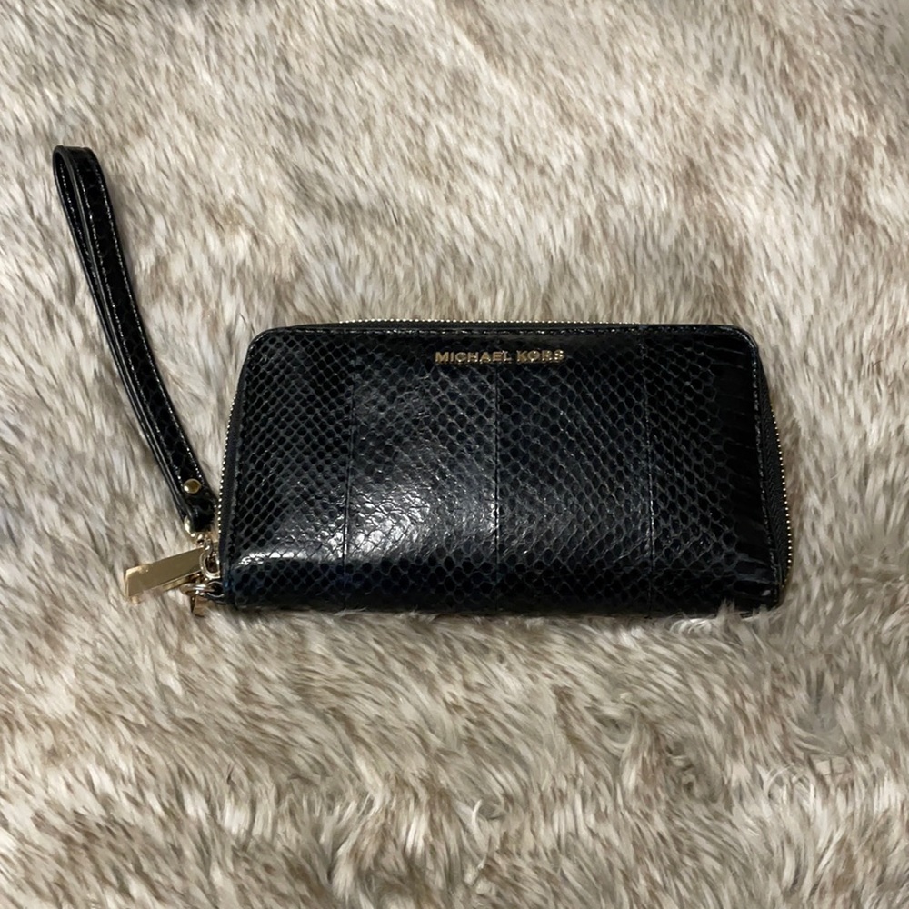Michael Kors Black Genuine Snake Skin gold tone phone wallet wristlet.